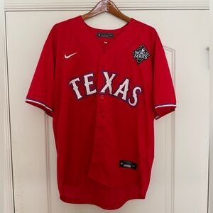 Texas Rangers World Series Red Alternate Jersey (Chapman #54). Mens Size L
